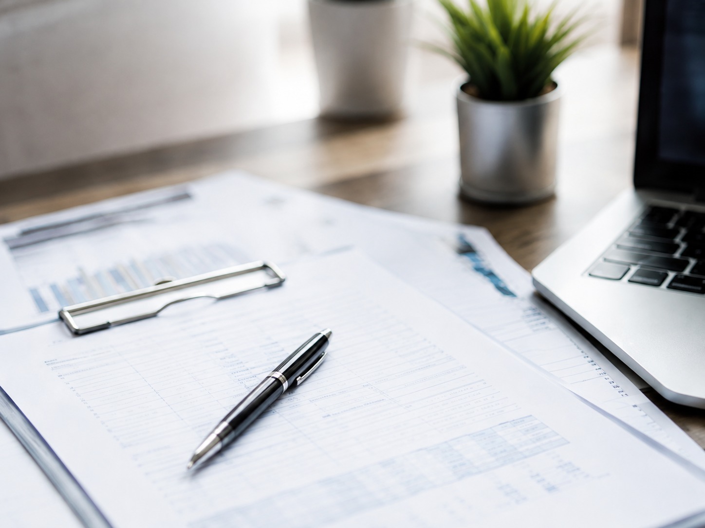 Business documents and laptop on desk